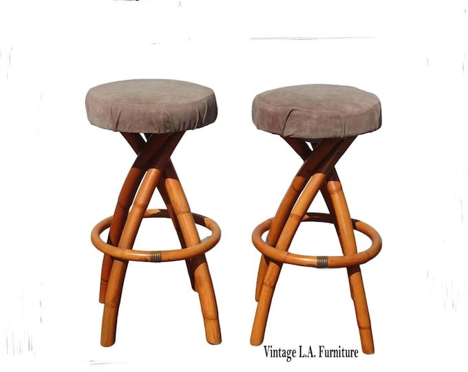 Pair Vintage Mid Century Coastal Bamboo Barstools Bar Stools ~ Tiki Palm Beach