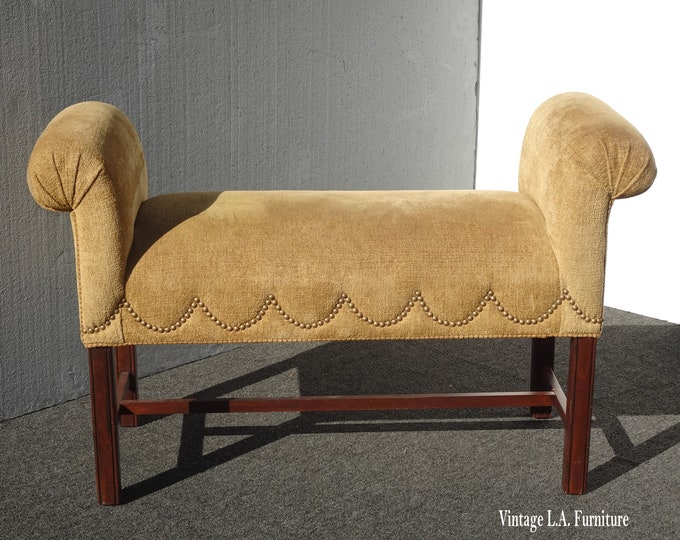 Vintage Ethan Allen Rolled Arm Bench w Gold Velvet Fabric & Decorative Nails