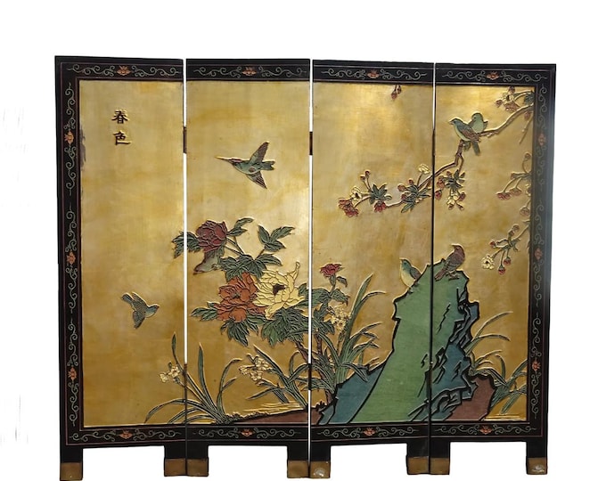 Vintage Chinese Coromandel Picture Wall Decor Gold Leaf Four Panel Screen Signed