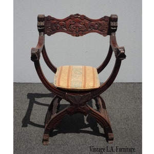 Vintage French Country Savonarola X Chair Ornately Carved w Lion Head Armrests