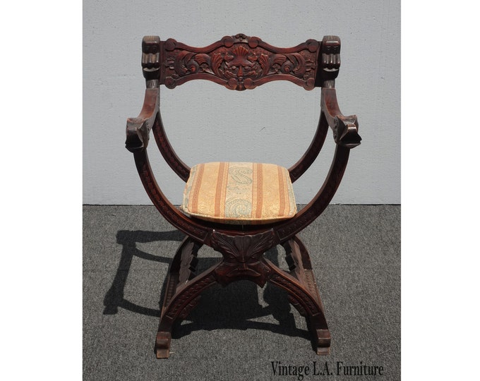 Vintage French Country Savonarola X Chair Ornately Carved w Lion Head Armrests
