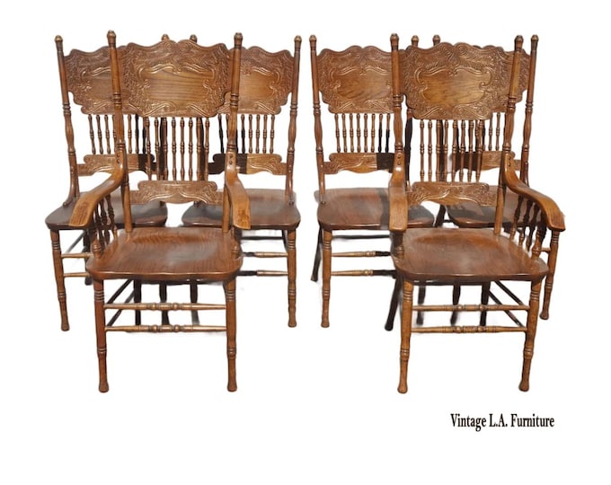 Set of Six Vintage Oak Pressed Back Dining Room Chairs ~ French Country #21