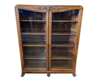 Antique French Carved Quarter Sawn Tiger Oak Bookcase ~Double Door Curio Cabinet