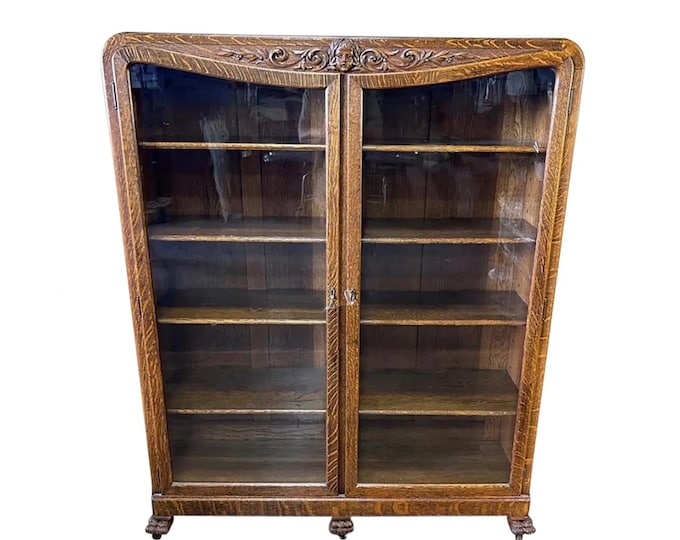 Antique French Carved Quarter Sawn Tiger Oak Bookcase ~Double Door Curio Cabinet