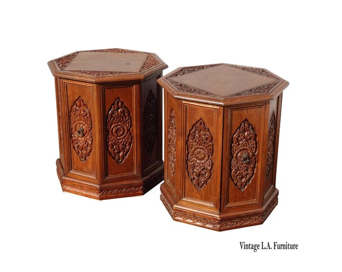 Pair of Vintage Brown Carved Octagon End Tables ~  Mediterranean Style