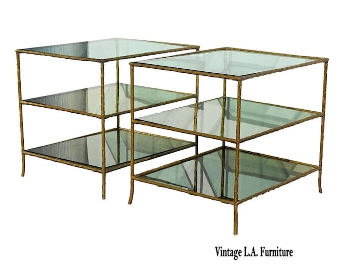 Pair of Vintage Three Tier Brass Bronze Side Tables w Etched Leaf Frames