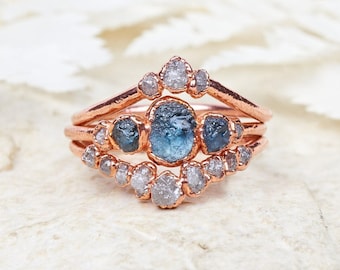 Montana sapphire ring set, Raw sapphire ring, Raw diamond ring, raw stone engagement ring, raw gemstone ring, alternative engagement ring