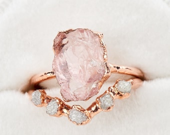 Raw rose quartz ring and raw diamond ring enhancer, Raw gem ring, Raw gemstone engagement ring, rough crystal stone bridal set personalized