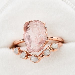 Raw rose quartz ring and raw diamond ring enhancer, Raw gem ring, Raw gemstone engagement ring, rough crystal stone bridal set personalized