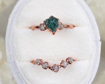 Raw emerald ring with diamonds, raw crystal engagement ring, raw stone engagement ring, uncut emerald ring, natural emerald ring unique boho