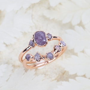 Purple sapphire ring with pink diamond ring enhancer, raw crystal ring, raw gem ring, raw stone ring, alternative engagement ring for her