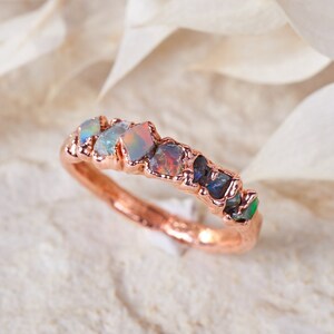 Raw opal ring, genuine multi-stone australian opal ring, natural rough stone stacking band, organic rustic jewelry, unique gift idea for her