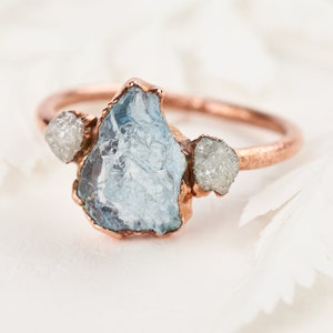 Raw Aquamarine ring with diamonds, Raw Aquamarine engagement ring, Raw gemstone engagement ring Bohemian engagement ring Raw gem ring unique