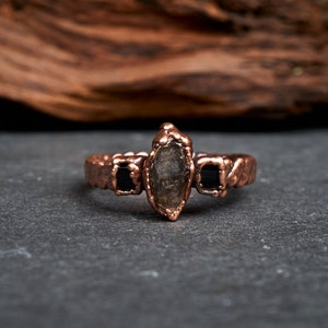Dark Herkimer diamond ring with black tourmalines. Rustic alternative engagement braided copper band. Rustic viking raw crystal jewelry.