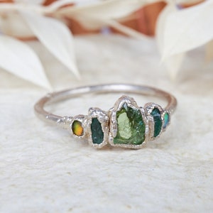 READY To SHIP in US size 9 Raw Tsavorite ring with emeralds and australian opals, rough gem engagement ring, unique organic silver jewelry