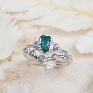 Raw emerald ring with diamonds, raw crystal engagement ring, raw stone engagement ring, uncut emerald ring set, natural emerald ring unique