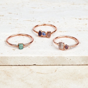 Custom family birthstone ring stackable. Mothers ring 2 stone or more. Dainty raw stone ring. Personalized mom gift. Promise Couple ring.