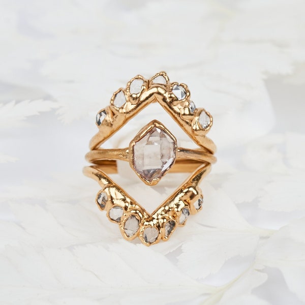Herkimer diamond ring, Raw diamond ring, Crystal ring set, Customizable ring, Crystal promise ring enhancer, Boho ring set, Raw stone rings