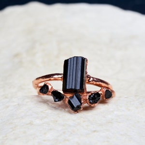 Black tourmaline ring with ring enhancer, Raw Crystal ring set, Eco-friendly ring, Raw stone engagement ring, Alternative engagement ring