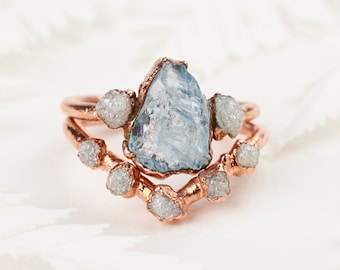 Raw Aquamarine ring with diamonds, Raw Aquamarine engagement ring, Raw gemstone engagement ring Bohemian engagement ring Raw gem ring unique