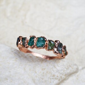 Green ombre ring, raw emerald ring, natural rough tourmaline tsavorite sapphire stacking rings with stones, unique multi-stone band uncut
