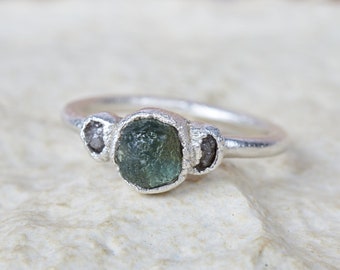 Blue Green sapphire ring. Raw Montana sapphire engagement ring with diamonds. Rustic wedding ring with rough uncut ethical stones