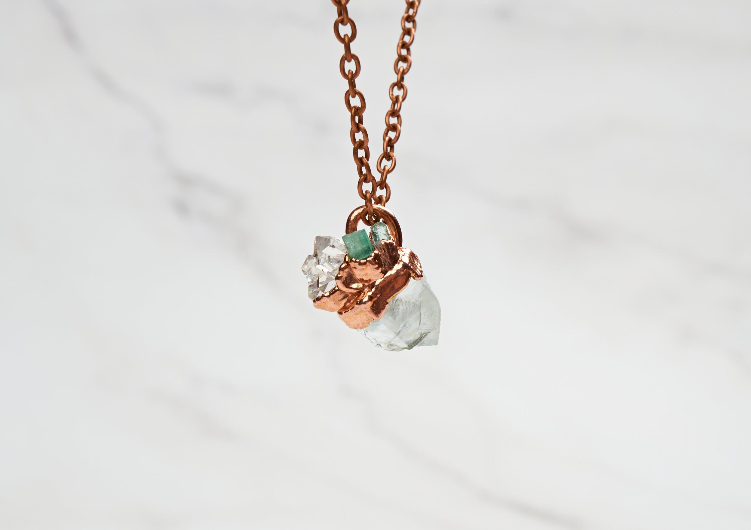 Raw Aquamarine Necklace With Emeralds and Herkimer Diamond