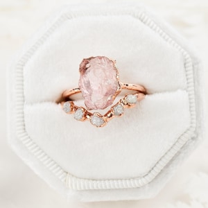 Raw rose quartz ring and raw diamond ring enhancer, Raw gem ring, Raw gemstone engagement ring, rough crystal stone bridal set personalized