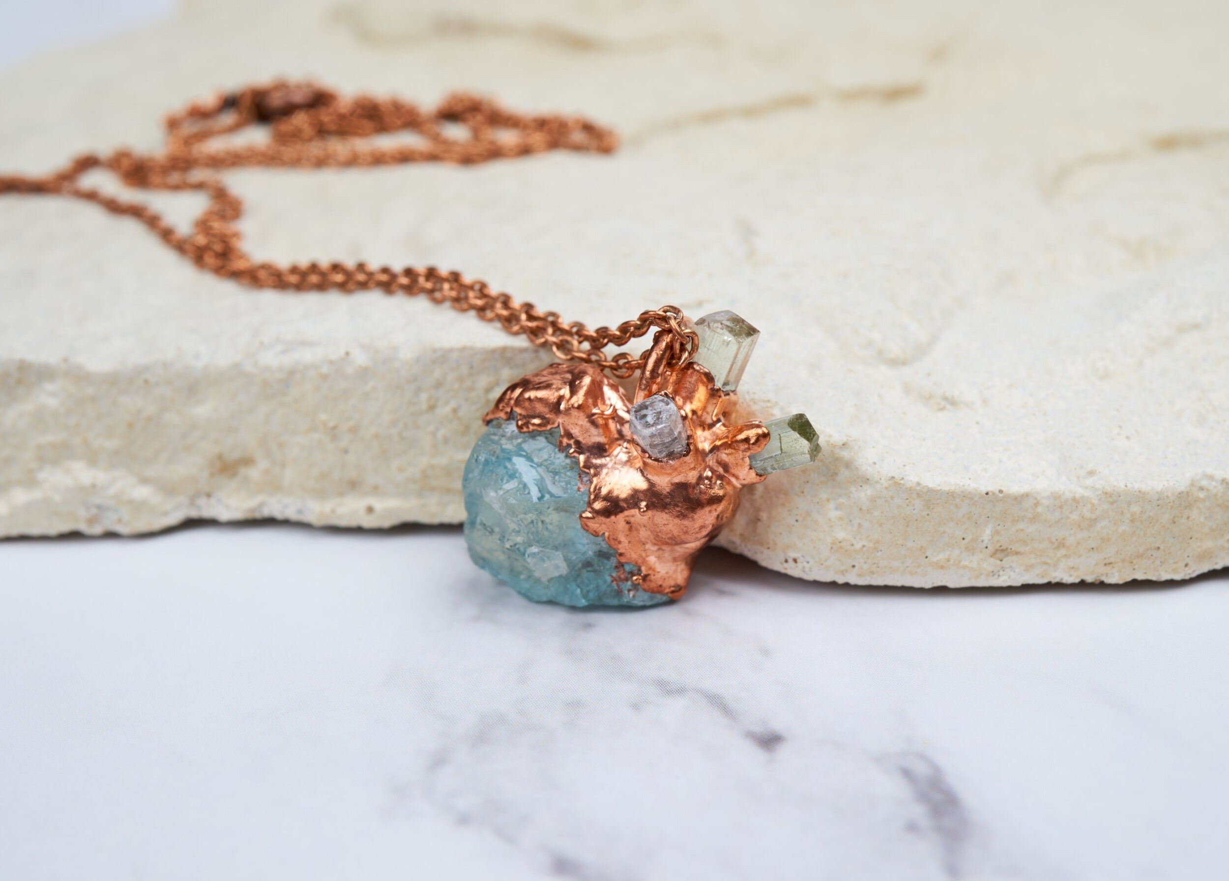 Raw Aquamarine Necklace With Tourmalines. Uncut Aquamarine