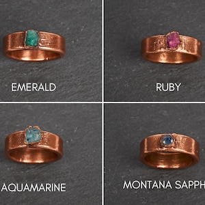 Montana Sapphire wedding band, raw sapphire ring men, customizable alternative copper male promise ring for him, rustic uncut rough gemstone image 6