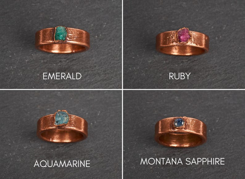 Montana Sapphire wedding band, raw sapphire ring men, customizable alternative copper male promise ring for him, rustic uncut rough gemstone image 6