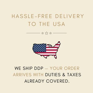 The image is a promotional graphic for a company that offers hassle-free delivery to the USA. It features a map of the United States with an American flag, along with text that states "We ship DDP - YOUR ORDER ARRIVES WITH DUTIES & TAXES ALREADY COVERED."