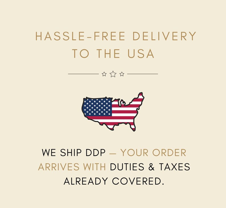 The image is a promotional graphic for a company that offers hassle-free delivery to the USA. It features a map of the United States with an American flag, along with text that states "We ship DDP - YOUR ORDER ARRIVES WITH DUTIES & TAXES ALREADY COVERED."