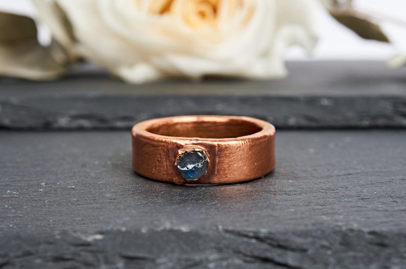 Montana Sapphire wedding band, raw sapphire ring men, customizable alternative copper male promise ring for him, rustic uncut rough gemstone image 5