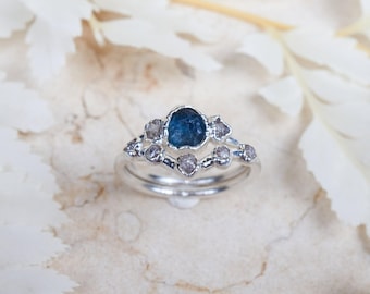 Montana sapphire ring set, Raw sapphire ring, Raw diamond ring, raw stone engagement ring, raw gemstone ring, alternative engagement ring
