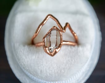 Herkimer diamond ring set, Mountain ring, Raw crystal engagement ring, Raw gem ring, Alternative engagement ring, Adventure time Nature ring