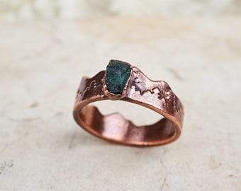Raw Emerald Mountain & tree ring, Promise ring for him, Adventure time outdoorsy gifts, Nature inspired forest ring, Unique wedding band