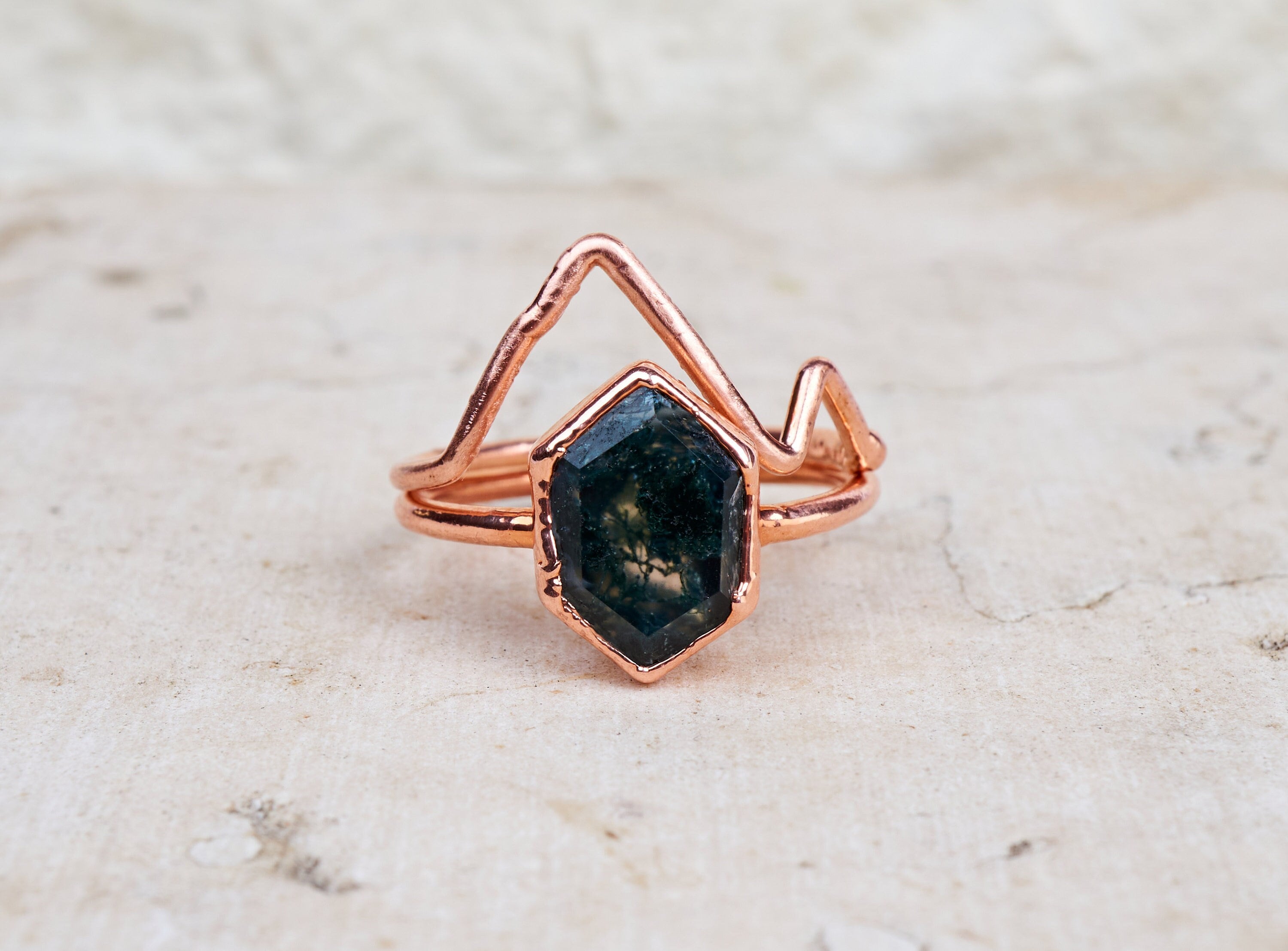 Mountain Moss agate ring. Alternative engagement ring. Boho hexagon wedding set. Adventure time promise ring. Nature inspired bridal set.