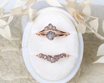 3 piece Raw Diamond ring set, Rough stone engagement ring, Organic wedding ring,  Alternative boho bridal set with uncut gemstones