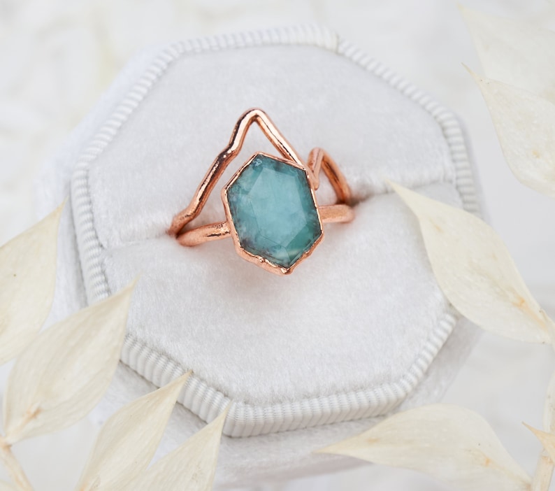Mountain ring set, Peruvian Blue opal ring, Raw crystal engageme