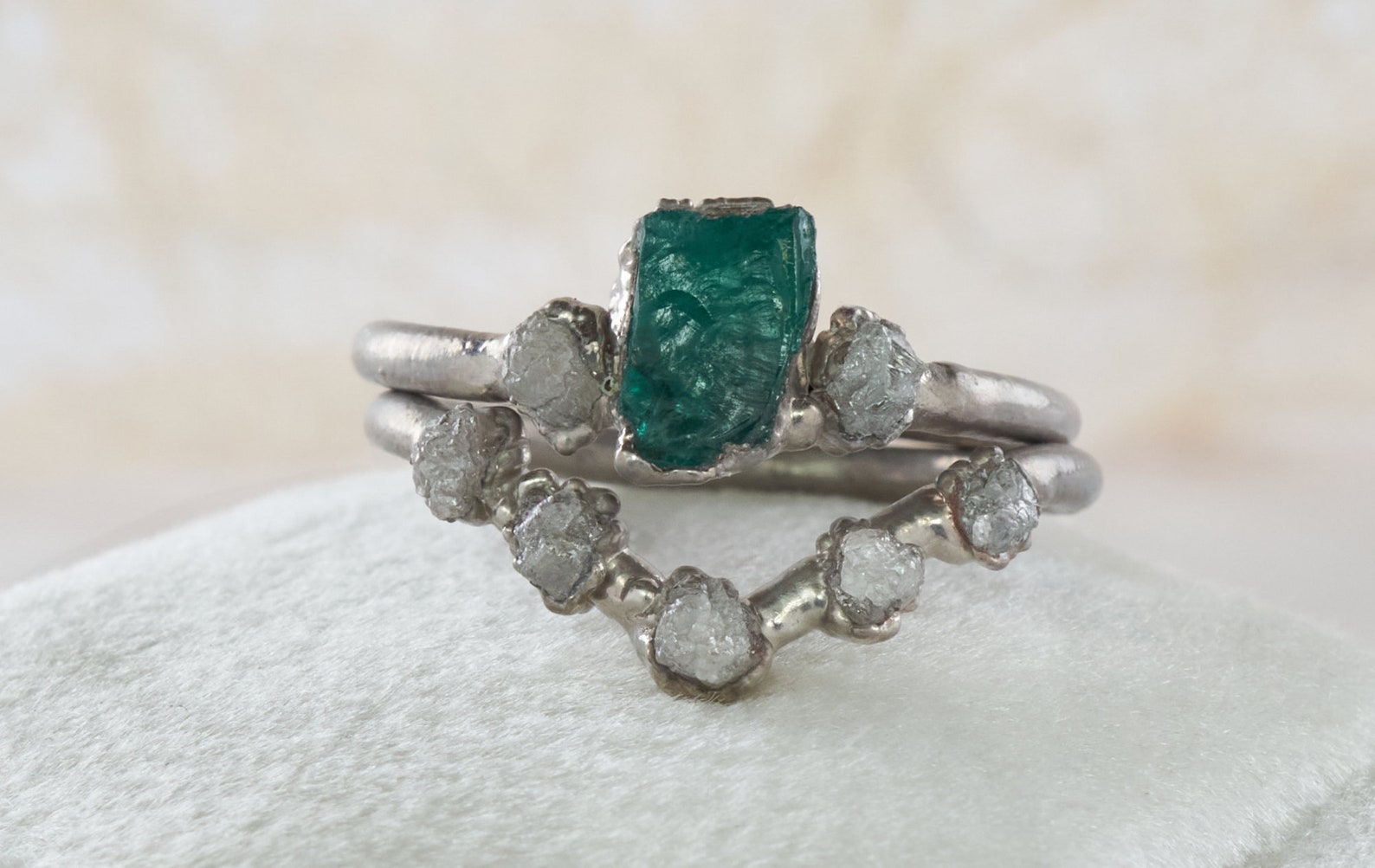 Raw emerald ring with diamonds raw crystal engagement ring | Etsy
