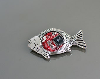 Real recycled red circuit board fish jewlery fish brooch Valentine's Day gift for him programmer