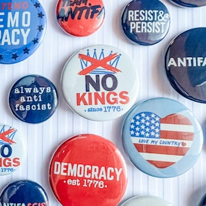 Mix & Match 1" Button Pin Gift- No Kings, Democracy Button Pins- Antifascist, Antifa, Humanity over Hatred, ICE Out Protest Jacket Pins