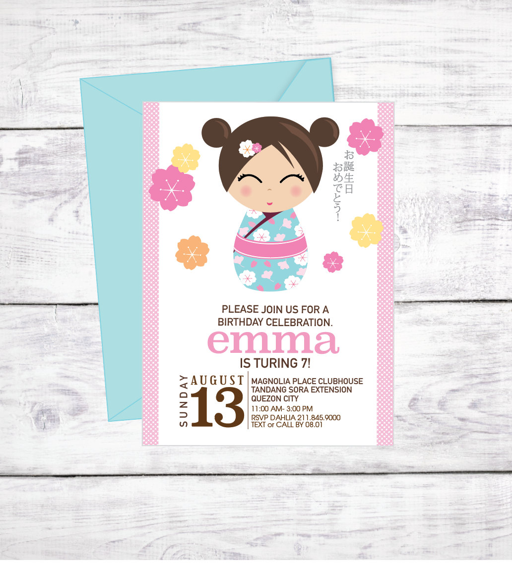 Kokeshi(こけし)- Yumi:Wir feiern eine Party Kokeshi Doll Japanese Girl Birthday Invitation - PRINTABLE
