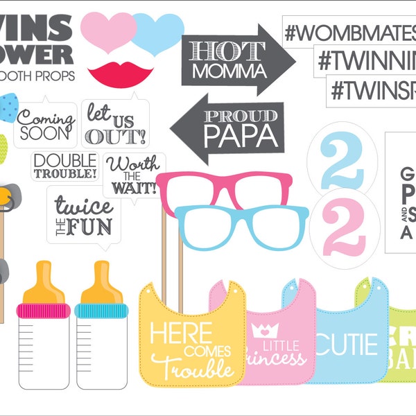 Twin Baby Shower-- Photo Booth Props-- Printable PDF-- INSTANT DOWNLOAD