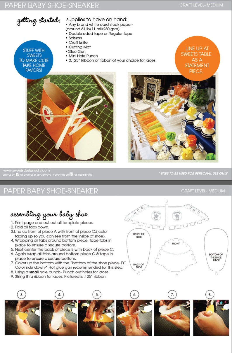 May include: A printable template for making paper baby shoes. The template includes instructions for assembling the shoe, which is made of orange and white cardstock. The shoe is decorated with a red heart and the words "Welcome Baby".