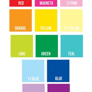 May include: A color chart with 12 squares showing different shades of red, magenta, pink, orange, yellow, light yellow, lime, green, teal, light blue, blue, light purple, and purple.