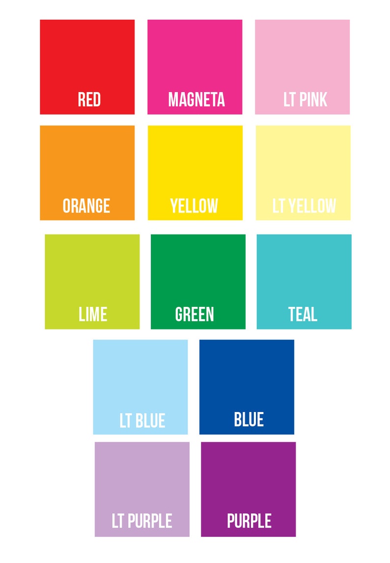 May include: A color chart with 12 squares showing different shades of red, magenta, pink, orange, yellow, light yellow, lime, green, teal, light blue, blue, light purple, and purple.