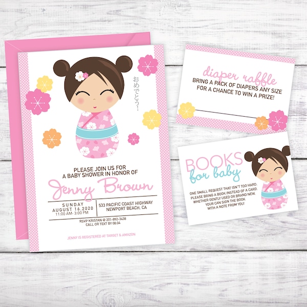 Kokeshi Doll Japanese Baby Shower Invitation - PRINTABLE PDF --Diaper Raffle card- Books for Baby Card
