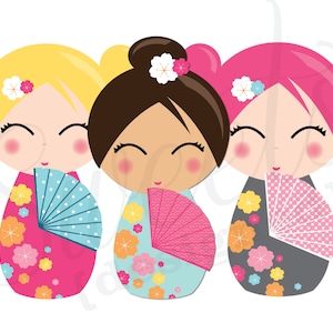 Giant Japanese Kokeshi Party Cutouts-- Download Printable PDF Asian Party Kimono Harajuku Girl